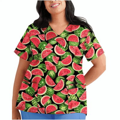 Blossoming in Color: Plus Size Printed Scrub Top with Fruity & Flowery Delight